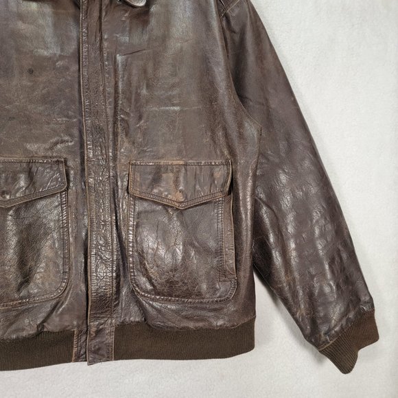 Vintage Context Brown Leather Collared Distressed Aviator Moto Jacket Coat - Picture 3 of 16